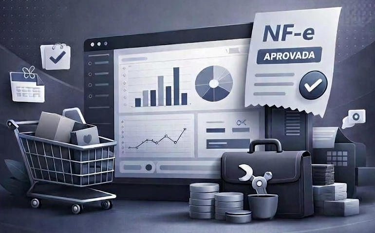 Painel de gestão com gráficos, carrinho de compras e NF-e aprovada